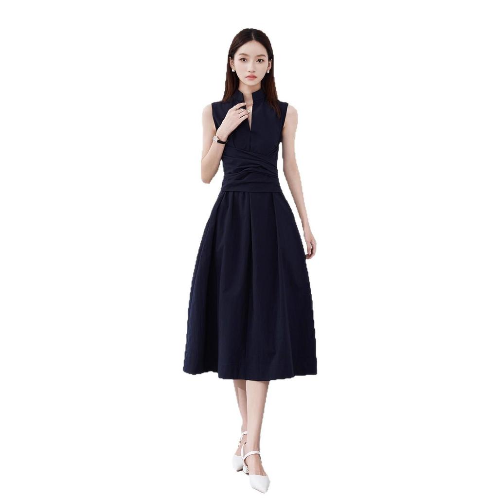Elegant Women's Sleeveless Drape Design Dress - Hepburn Style, Tie-Up Waist, Slimming Long Commuter Dress