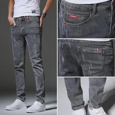 Men's Slim-Fit Korean Style Trendy Elastic Casual Black and Gray Jeans - 2019 Spring/Summer Collection.