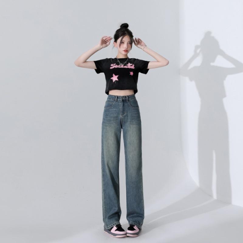 

Весна и лето Новые карманы контрастного цвета широкие джинсы для женщин ретро прямые брюки в пол для женщин 2XL