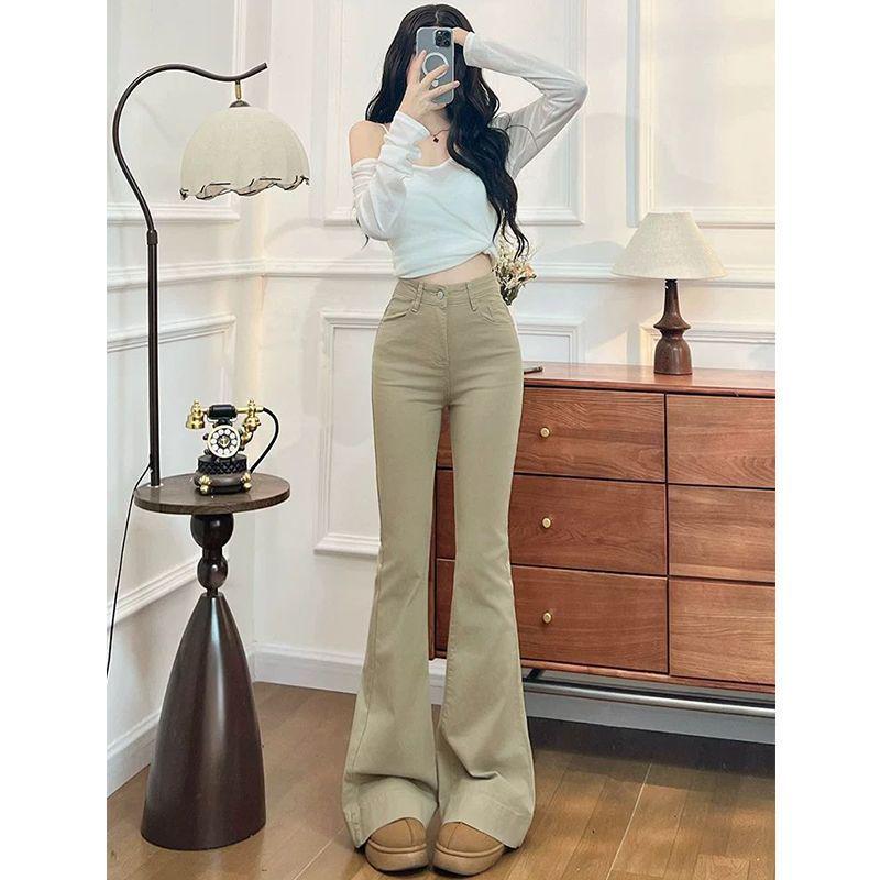 

Women s Khaki High Waist Micro Flare Jeans - Retro Korean Style Floor-Length Bell Bottoms Double Extra Large хаки