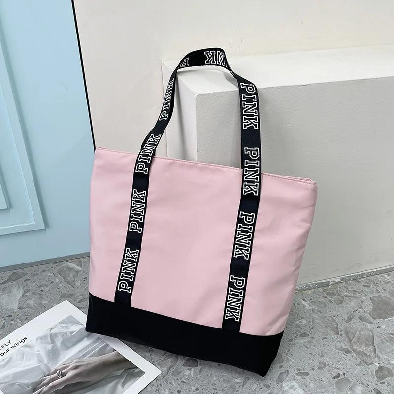 Colorblock Pink Letter Graphic Tote Handbags Woman Shoulder Bags Casual Sports Fitness Tote Bag Women Handbag Nylon Fabric