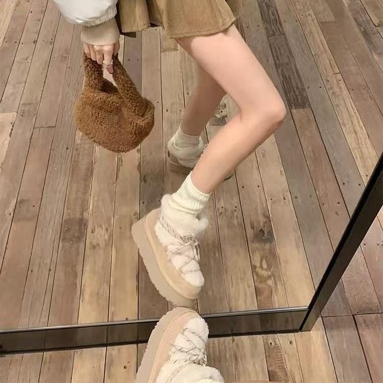 Fleece Straps Color Matching New Autumn and Winter Thick-soled Lamb Wool Short Boots Women's Snow Boots Cotton Shoes Women