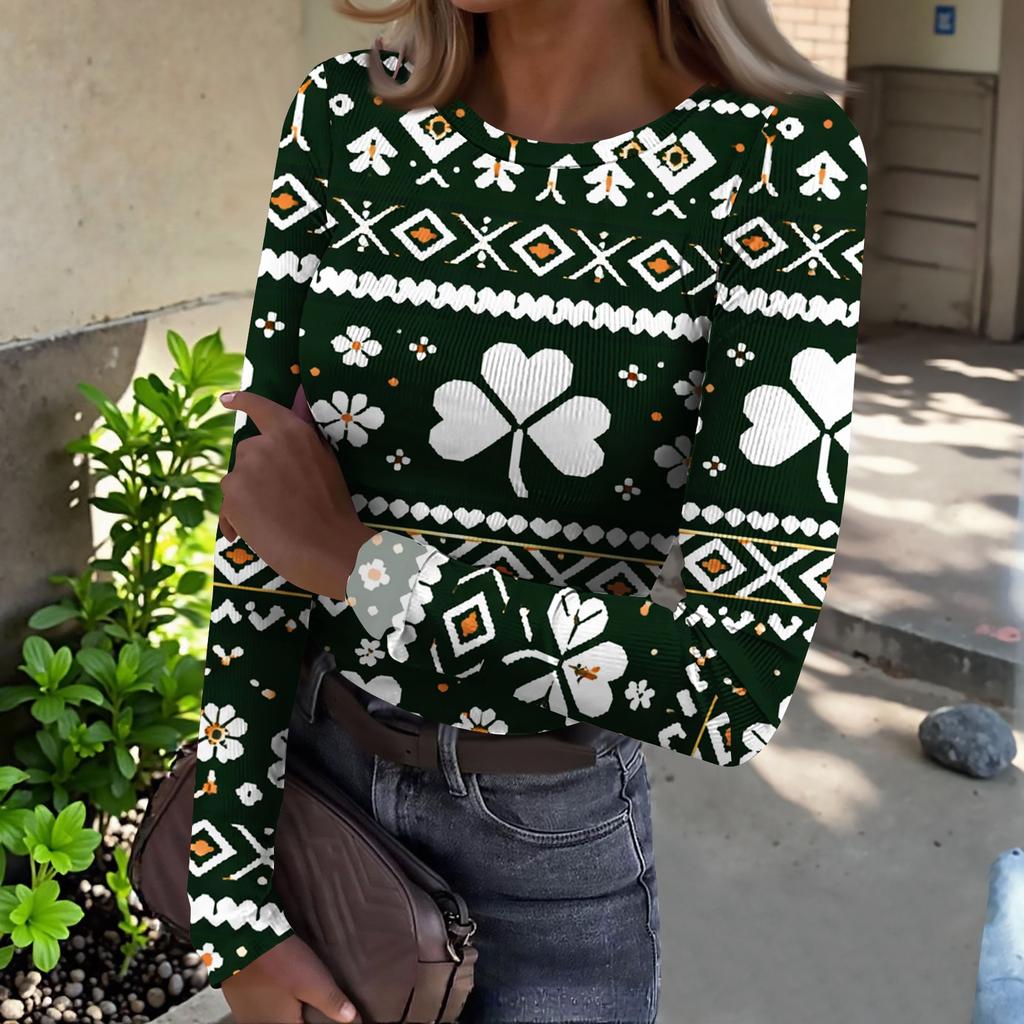 Women's And Winter Slim T-shirt Fashion Casual Printing Round Neck Pullover Long Sleeve Top