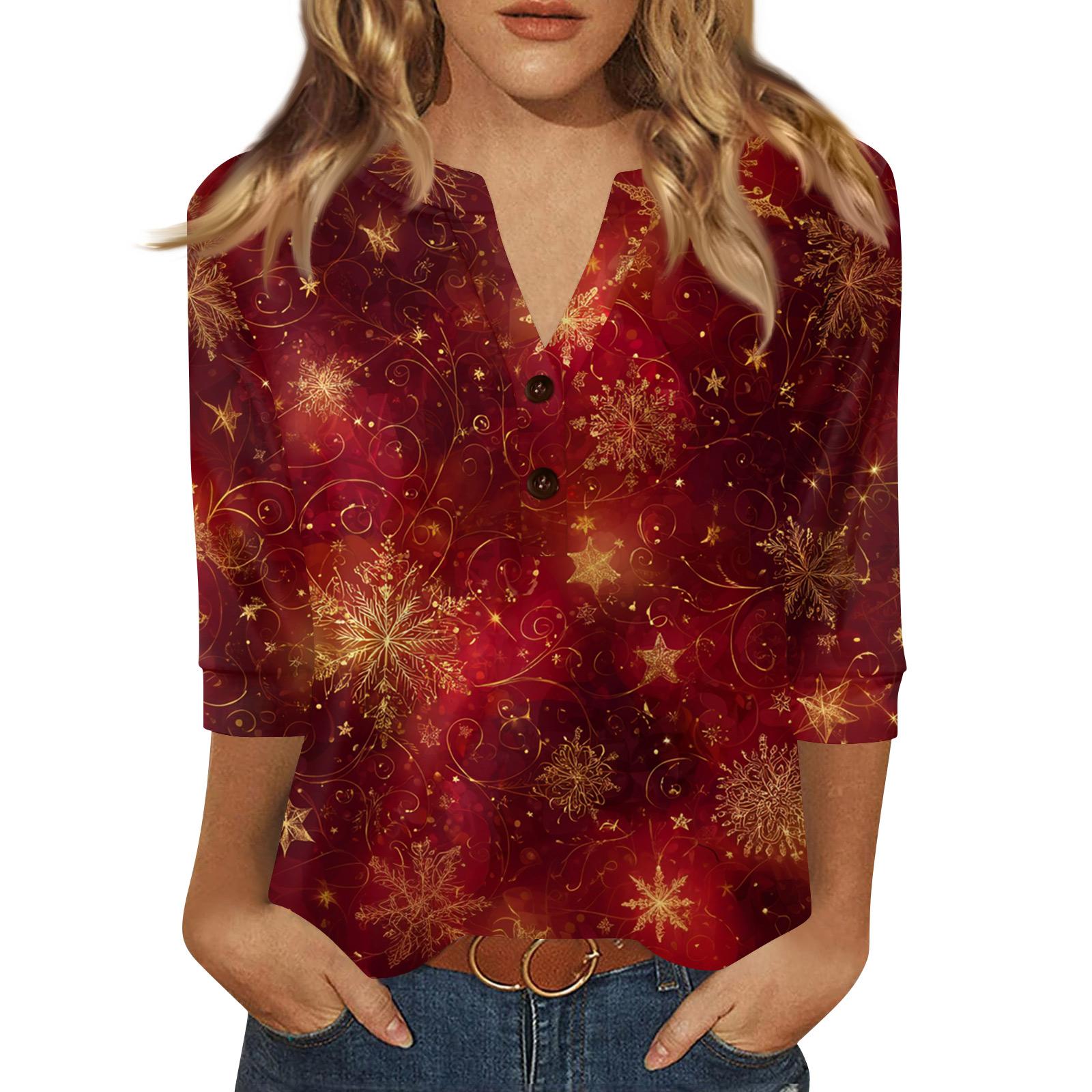 

Women s T Shirt Print Button 3/4 Sleeve Daily Weekend Fashion Basic V- Neck Regular Top L красный