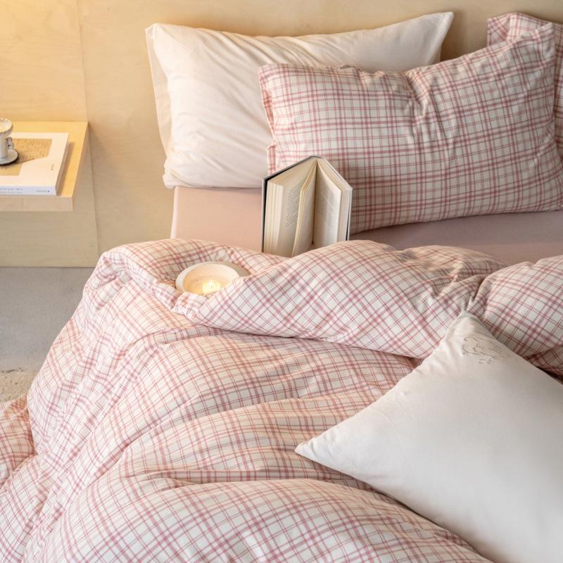 Б/у хлопковый полосатый клетчатый комплект постельного белья из четырех предметов (Простыни и пододеяльник) Single Pillowcase