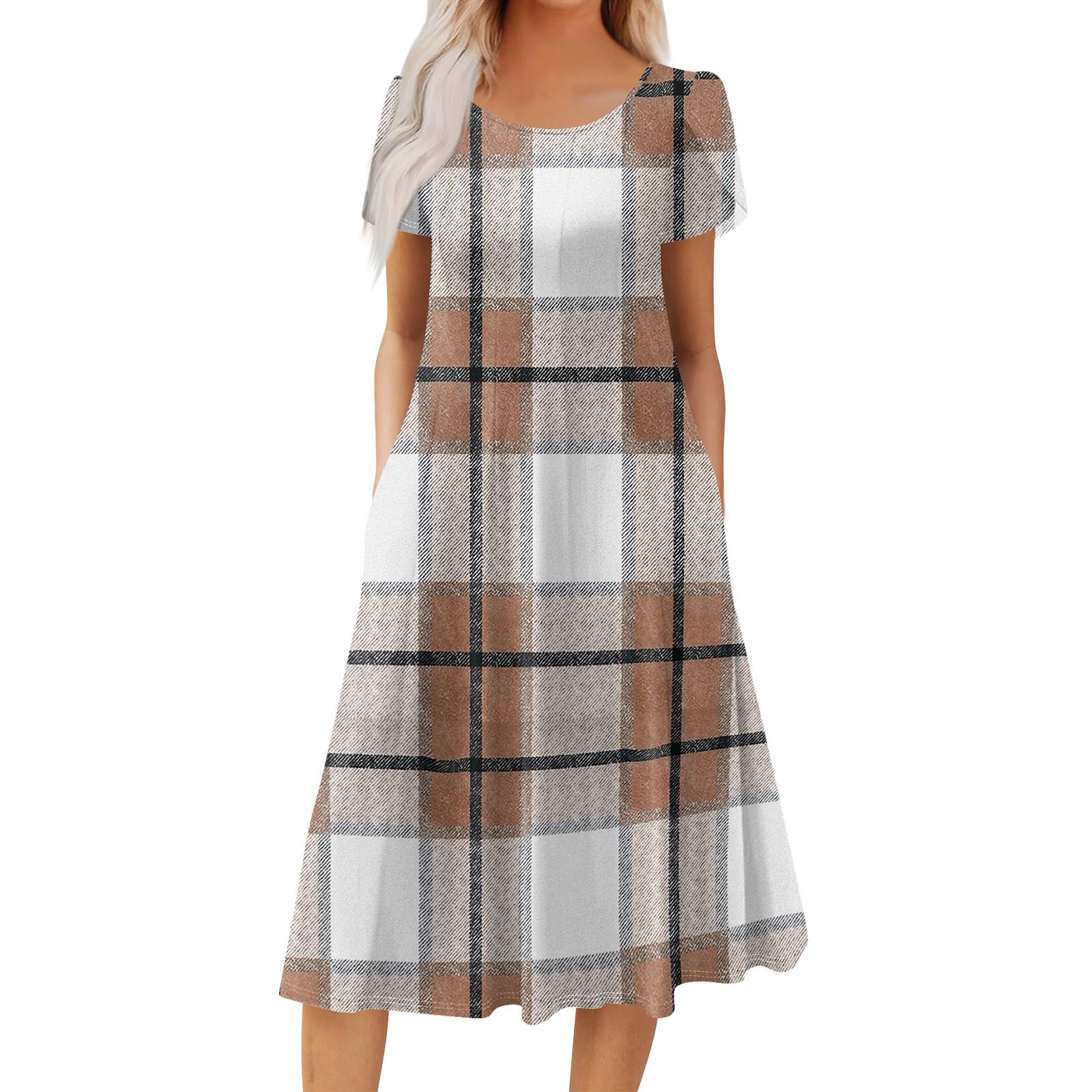 

Women s Casual Fashion Round Neck Printed Short Sleeve Pocket Dress L білий