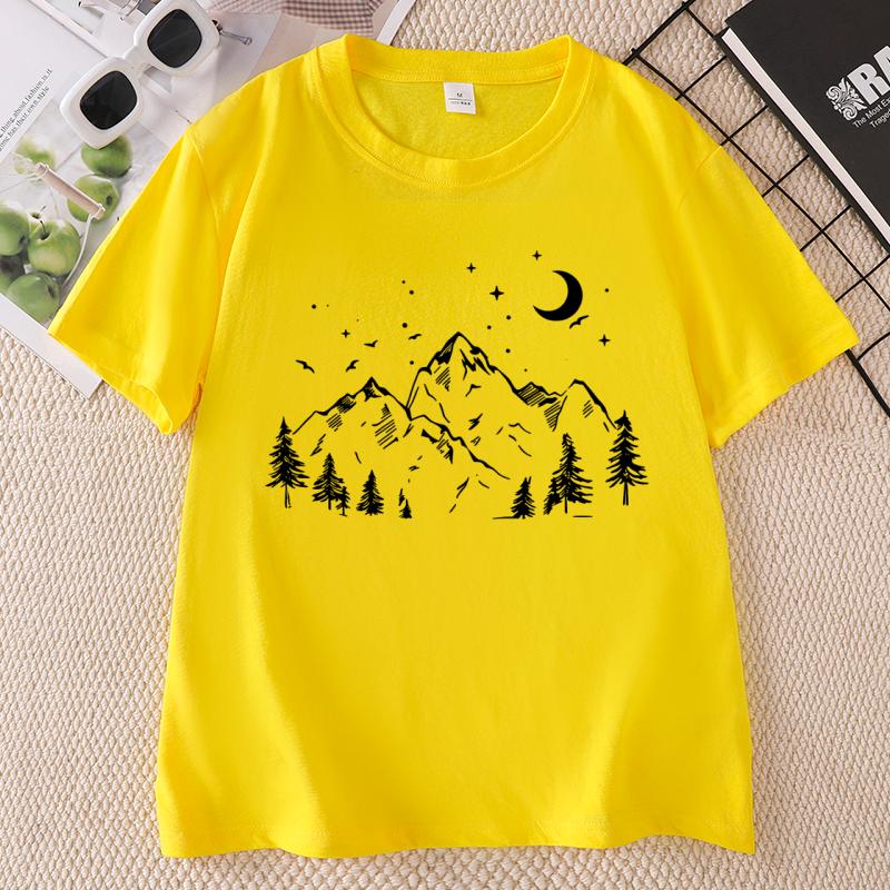 Minimalist Mountain T Shirt Nature Lover Tee Moon Mountain Graphic Tee Hiking TShirt Casual Round Neck Printed Tshirt Clothes