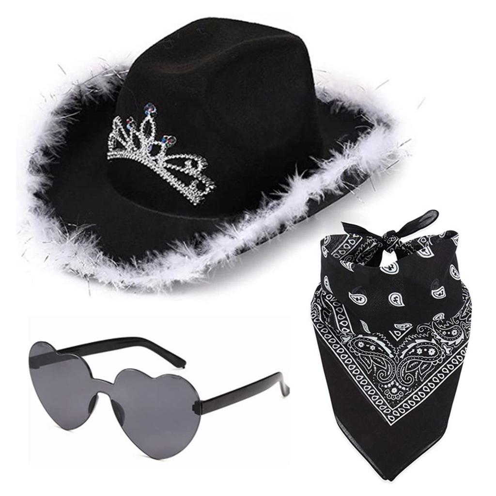 3Pcs Cowgirl Hat Set For Women 3 Light Modes Light Up Tiara With Bandana And Heart Shape Sunglasses Glitter Drawstring Cowboy Hat Dress Decoration