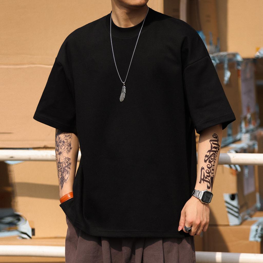 Heavy Small Neckline Short-sleeved T-shirt Men's Loose Summer Casual Solid Color Anti-wrinkle Large Size T-shirt