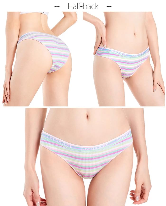 BEKYNI Ribbed Blend Colorful Sporty Brazilian Striped 5 Colors Women's Half-Back Cotton/Cotton Panties, Panties, (Size M)