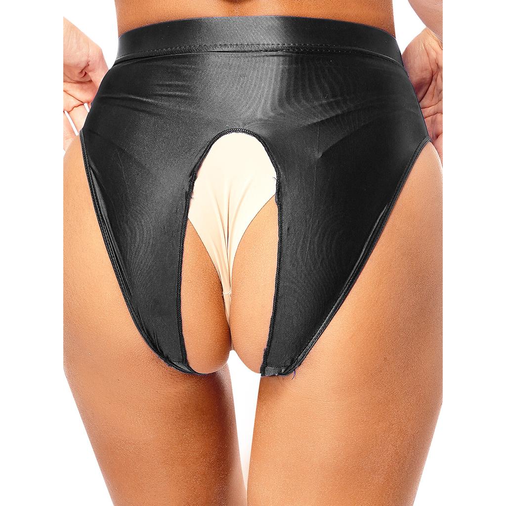 Womens Glossy Stretchy Panties High Waist Open Crotch Design Elastic Waist Sexy Underwear Lingerie