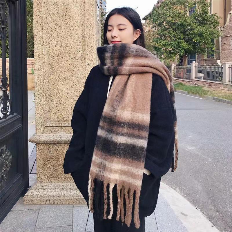Mohair plaid scarf women's winter versatile tassel long thickened scarf retro contrasting color versatile shawl