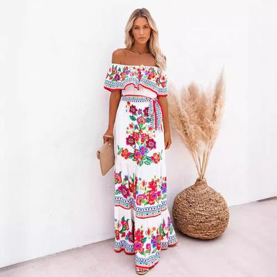 European, American Spring And Summer New One-Word Shoulder Red Flower Printing Long Pendulum Dress