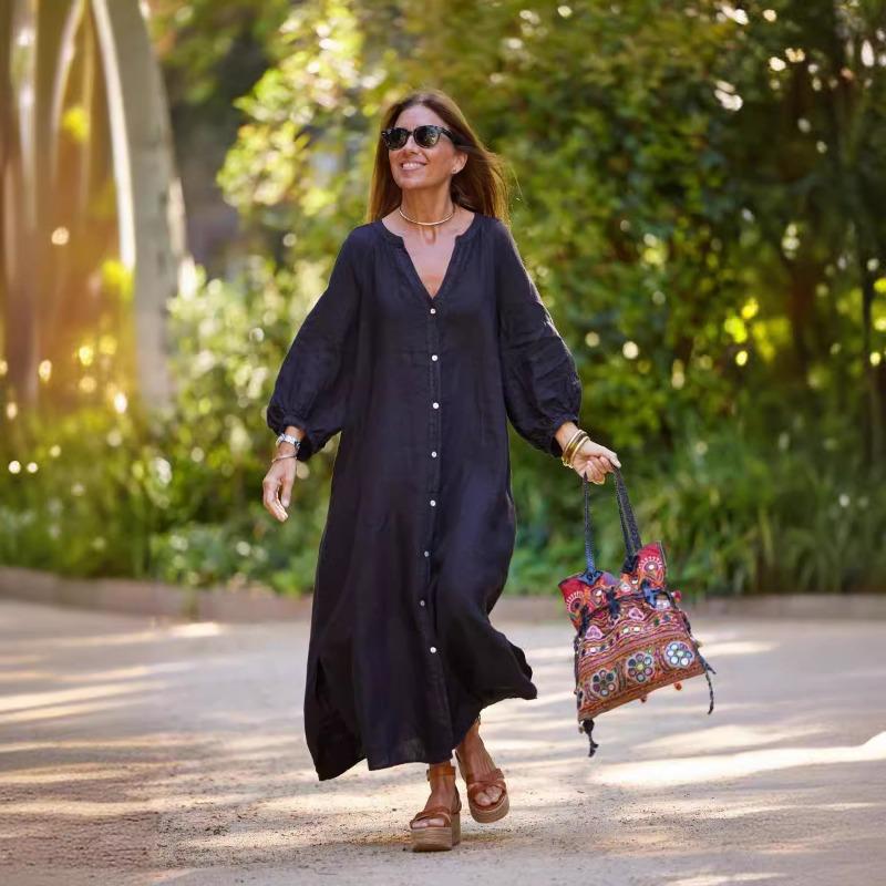 2025 New Spring and Summer Cotton Linen Shirt Fashionable Casual Long-sleeved Cardigan Dress for Women