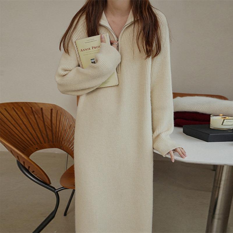 Zipper semi-open neck knitted dress women's autumn and winter new long-sleeved loose zipper sweater dress over the knee