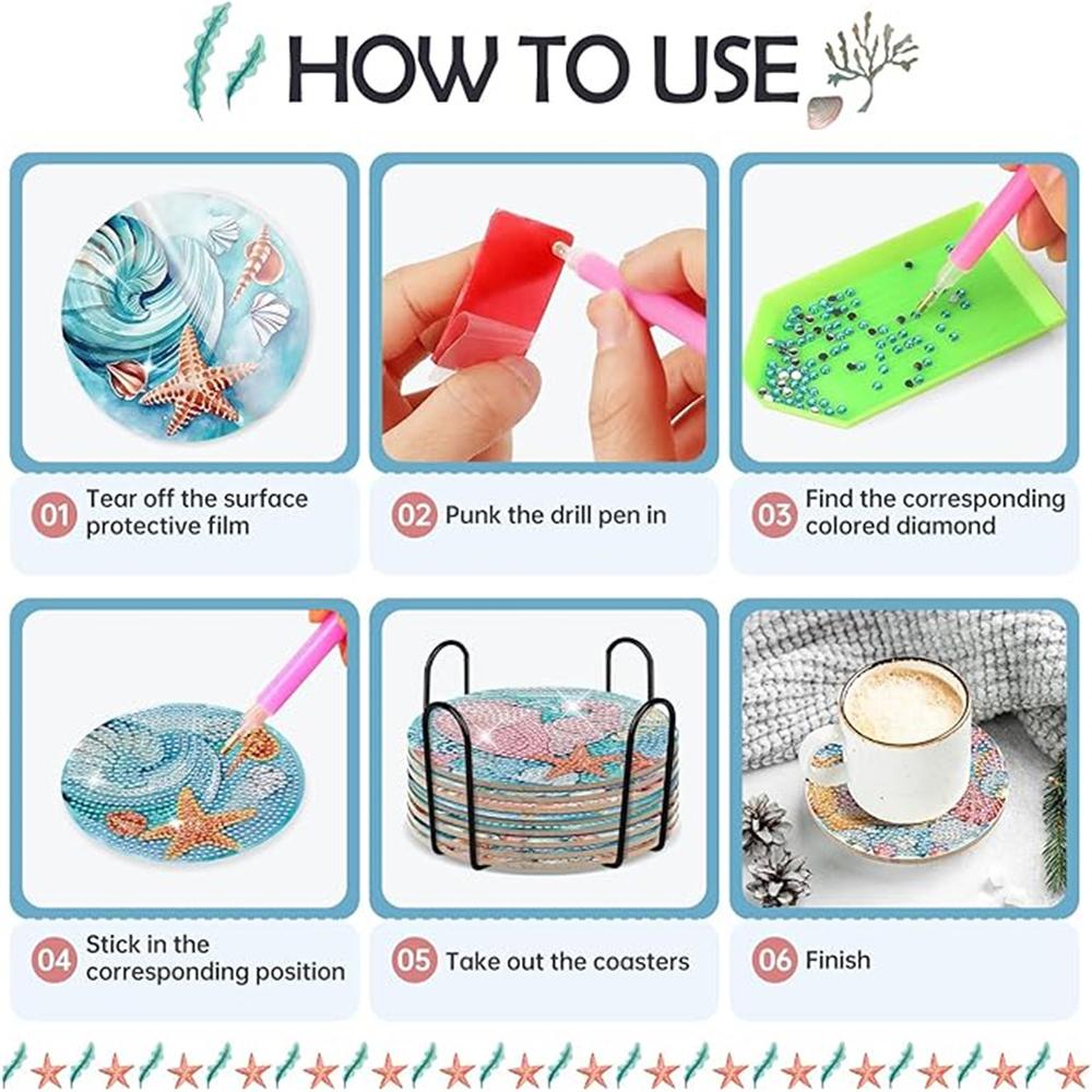8 Pieces/set of Diamond Painted Ocean Patterned Coasters, DIY Coasters with Holder, Suitable for Beginners and Adults, Art and Craft Supplies Gifts