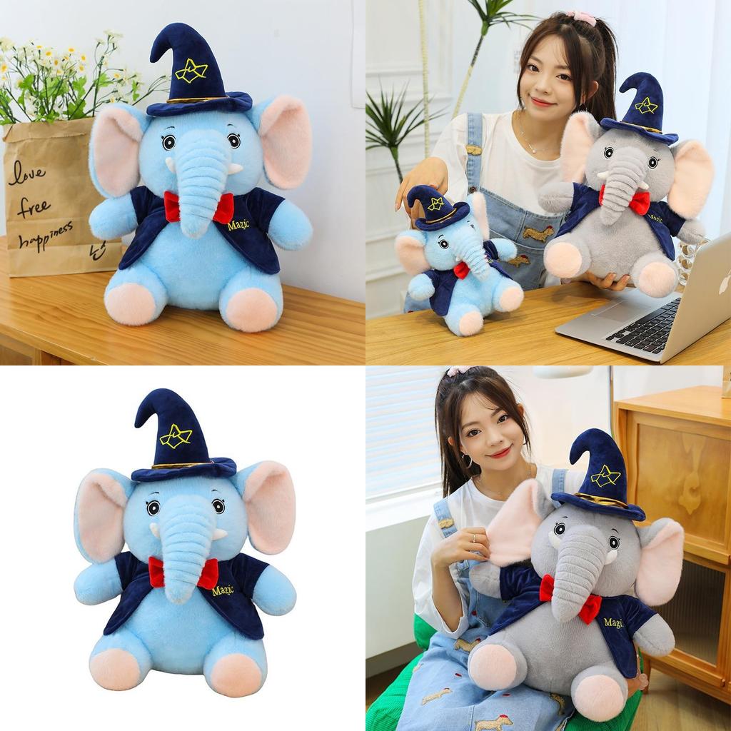 Plush Elephant Toy For Kids Soft Cartoon Sleeper Pillow With Wizard Hat And Bow Decor