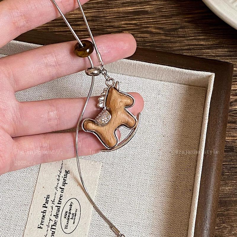 Retro Wooden Pony Pendant Necklace Women's Autumn and Winter Light Luxury High-end Long Sweater Chain Natal Year