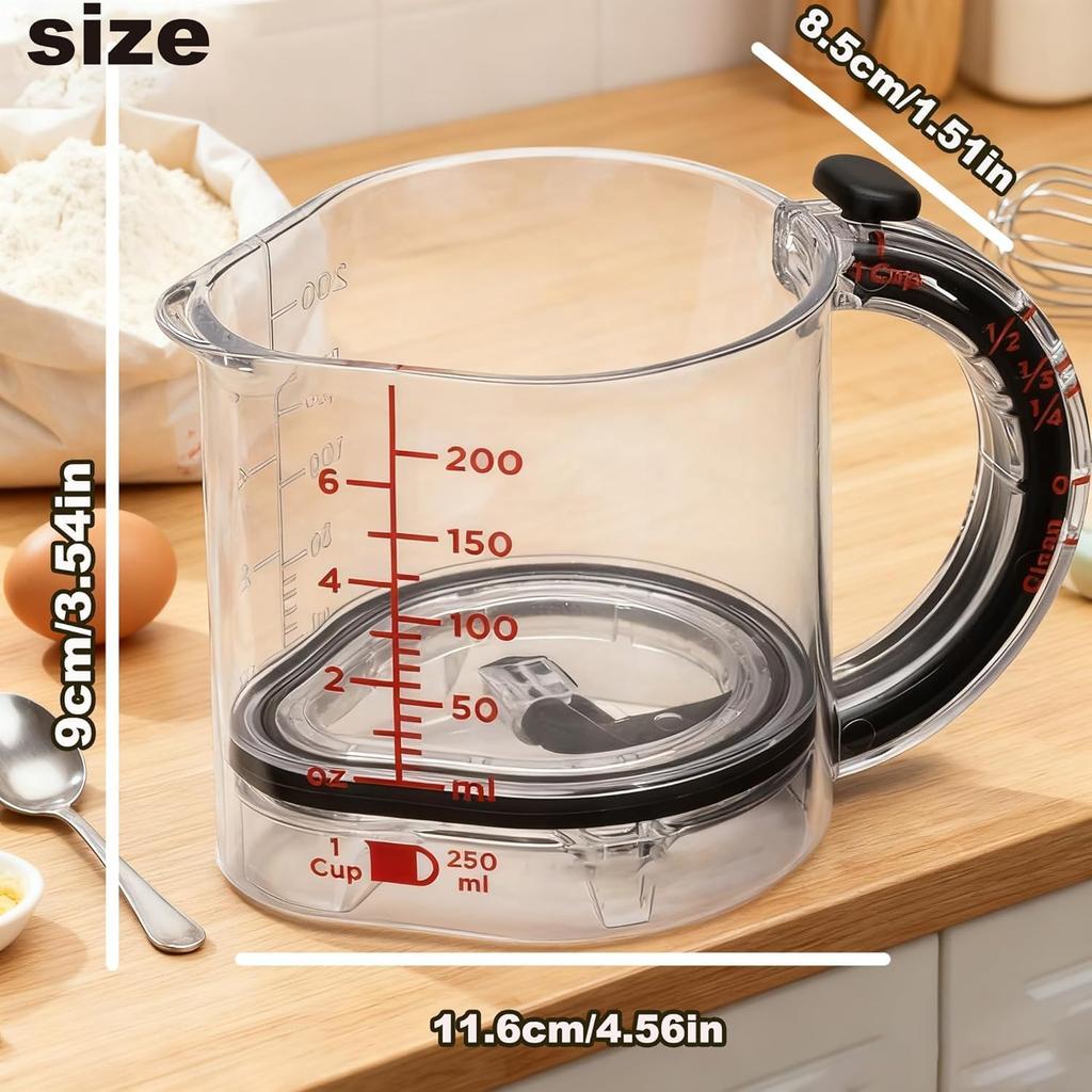 Kubek pomiarowy 4 w 1 z regulacją i uchwytem, Regulowana podstawa i uszczelka typu skrobak, Oszczędzający miejsce, Łatwy do czyszczenia do gotowania i pieczenia &