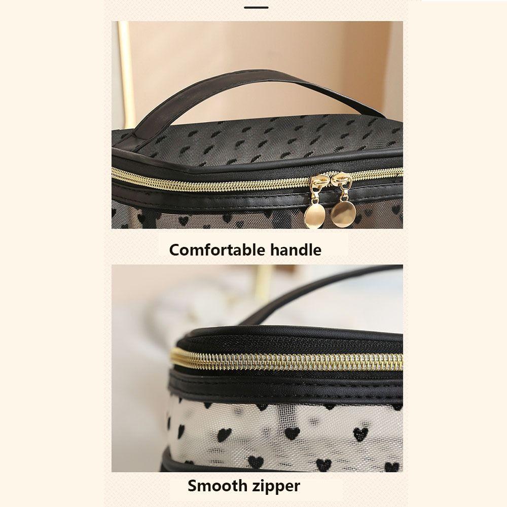 Double/Single Layer Cosmetics Organizer Black Heart Printed Women Toiletry Bag Travel