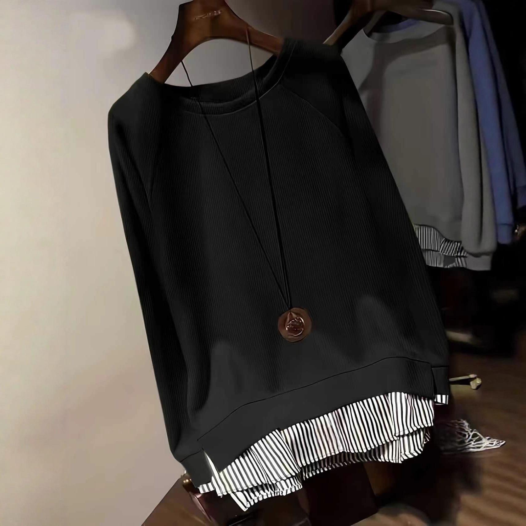 

2025 Spring/Autumn Casual Patchwork Round Neck Two-Piece Look Elastic Soft Top Large