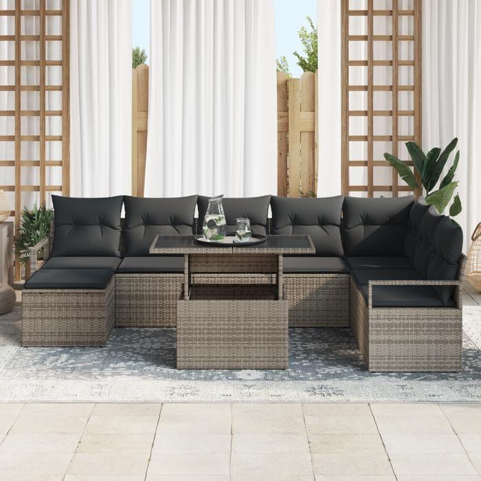 Ensemble de Canapé de Jardin de 9 Pièces avec Coussins Gris Poli Rattan, Canapé de Jardin 2 Places avec Coussins Gris Poli 3348875