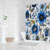 1 Piece Blue Floral And Gray Leaf Shower Curtain, Polyester Fabric, Machine Washable, Suitable For Bathroom Decoration