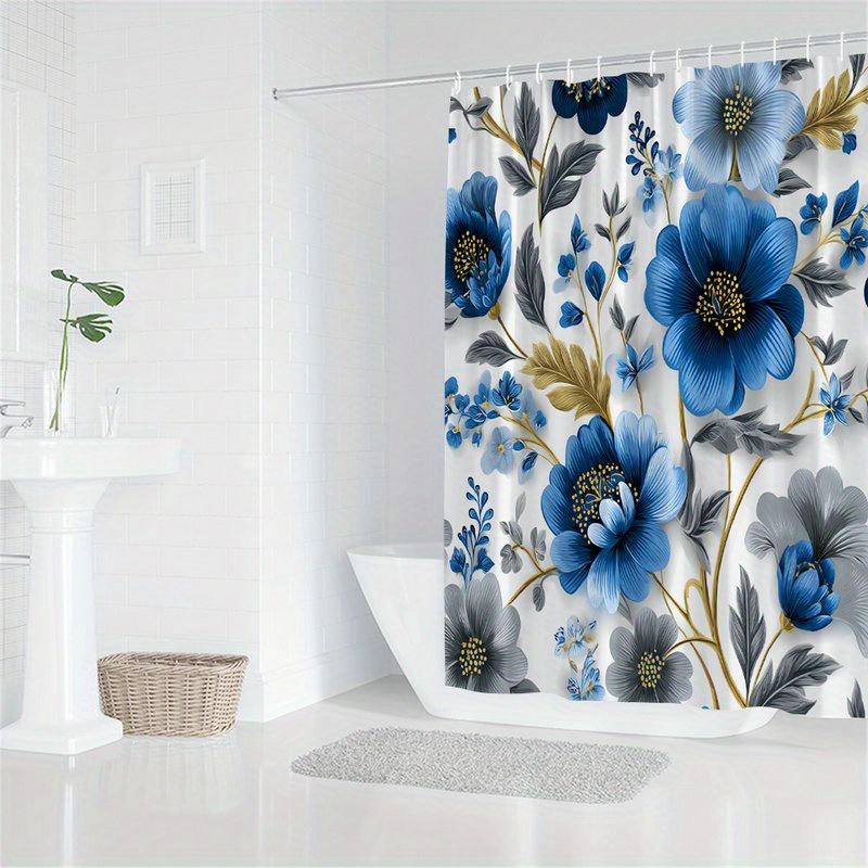 1 Piece Blue Floral And Gray Leaf Shower Curtain, Polyester Fabric, Machine Washable, Suitable For Bathroom Decoration