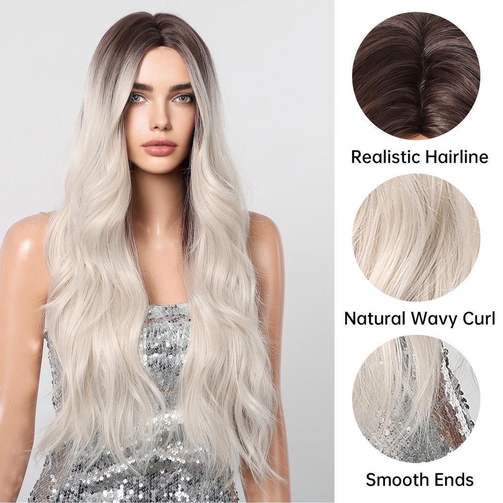 ALAN EATON Platinum Blonde Long Wavy Wig for Women Middle Part Ombre Hair Synthetic Wig for Natural Daily High Temperature Fiber