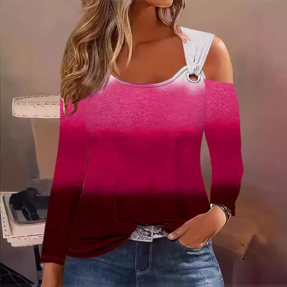 Autumn and Winter Casual V-Neck Metal Button Long Sleeve Printed Top