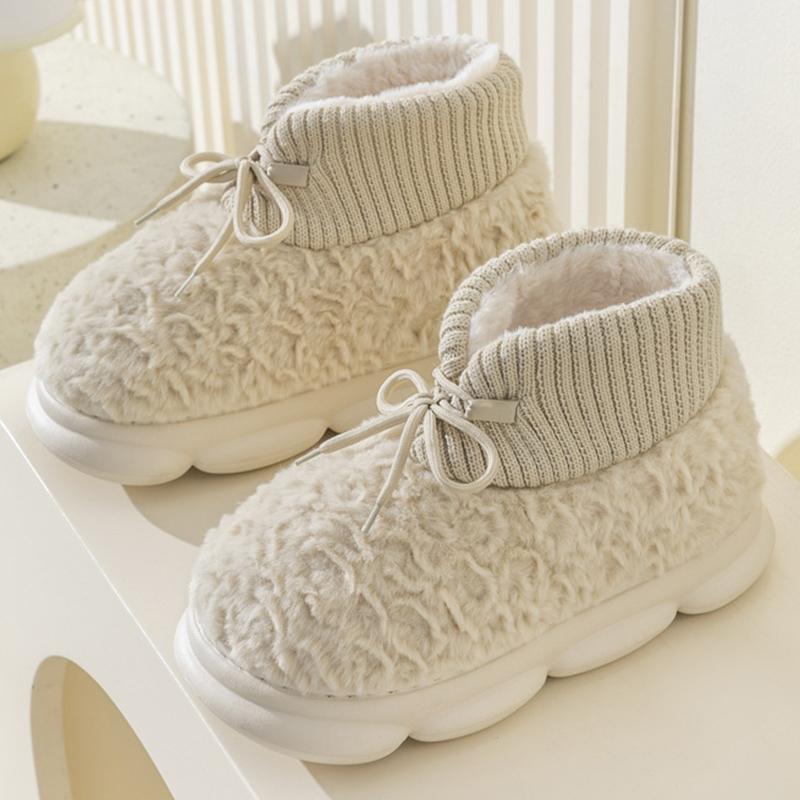 Winter Lacing Plush Warm Cotton Shoes Women's Solid Color Thick Bottom Fluffy Couple Boots Casual Big Size Ladies Shoes