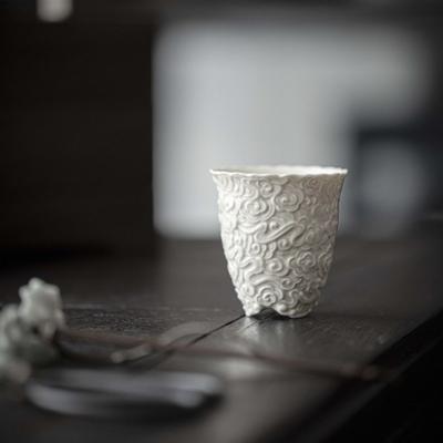 Grass and Wood Ash Glaze Handmade Relief Auspicious Cloud Pattern Master Cup Kung Fu Tea Set Household Retro Cup Tea Cup
