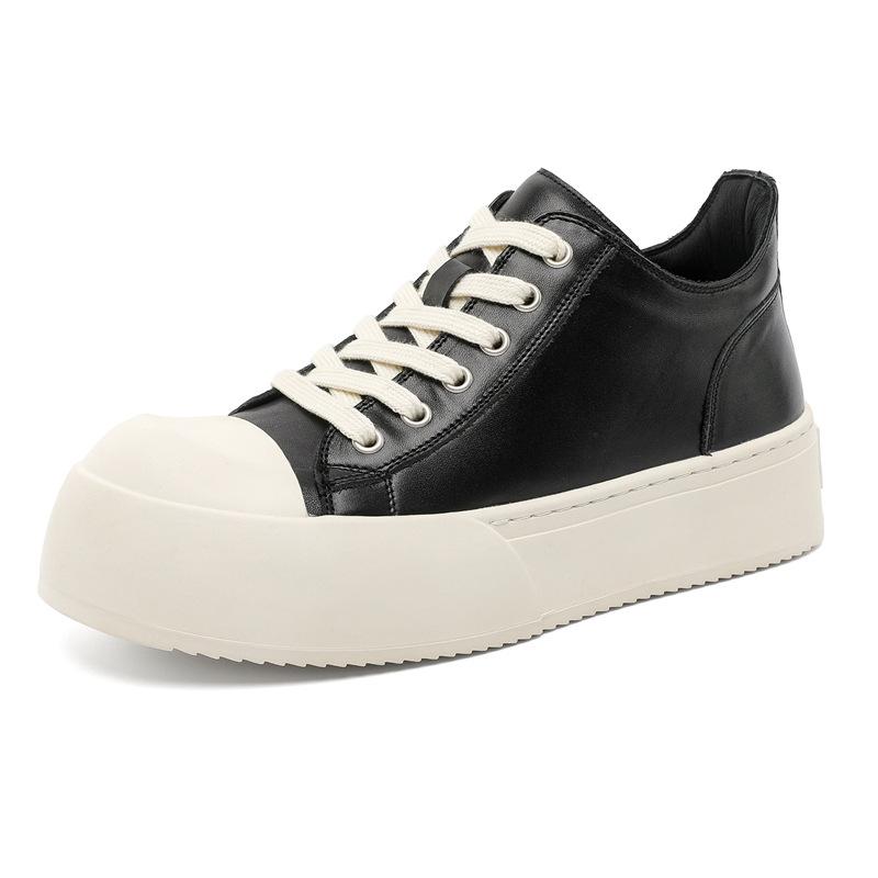 

European Shoes for Men Genuine Leather Casual Platform Shoes Trend Thick-soled Flat Skateboard Shoes Lace-up Chunky Sneaker 44 чёрный