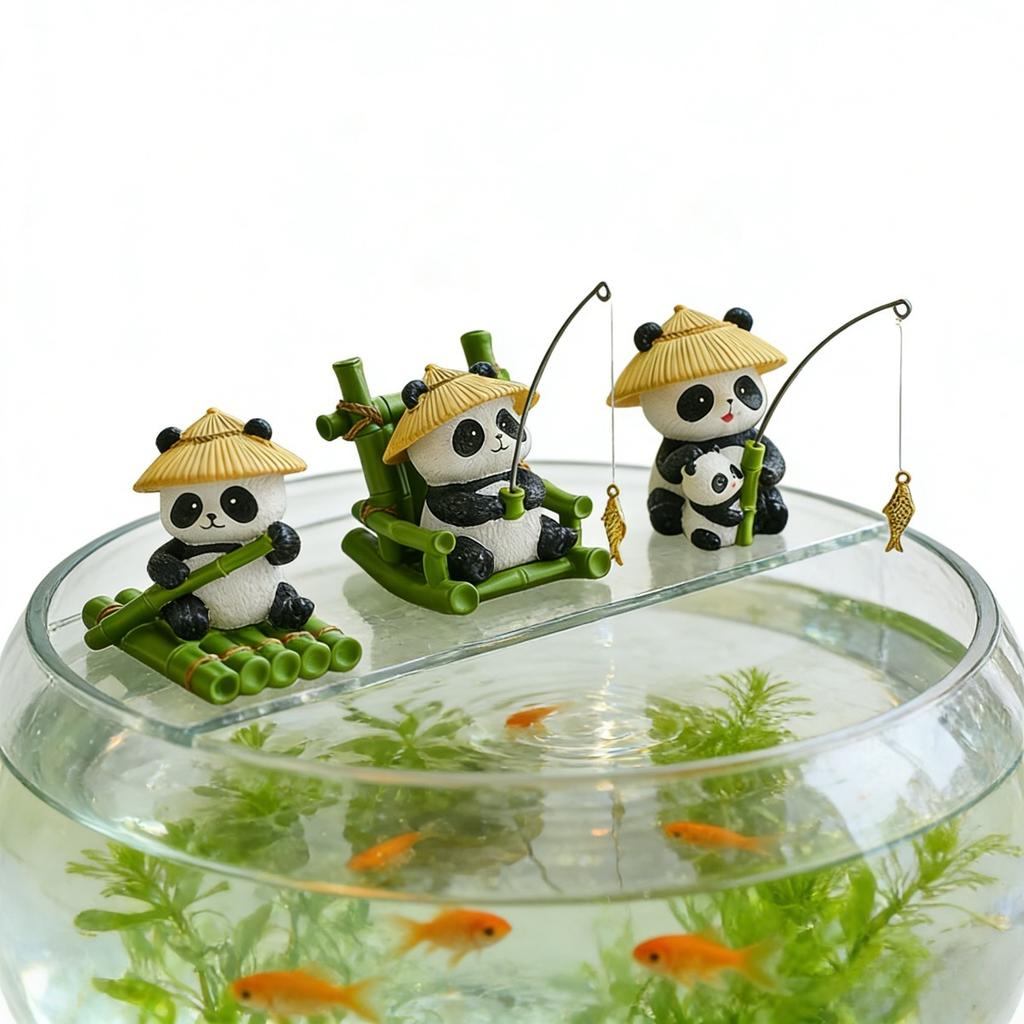 Resin Fishing Panda Outdoor Statues Bamboo Hat Adorable Animal Bonsai Pond Aquarium Tabletop Home Room Bedroom Decor Gift