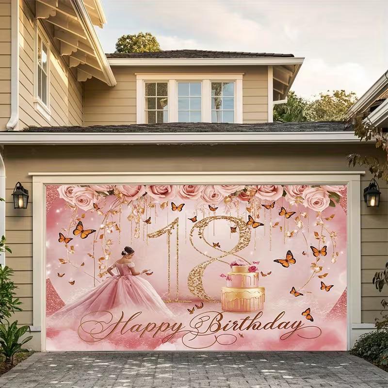 2D Pink Gold 18th Happy Birthday Backdrop Banner with Butterflies & Roses