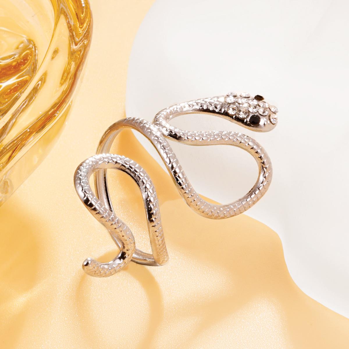 Snake-Shaped Punk Ring with Inlaid Diamonds - Open Stainless Steel Design.