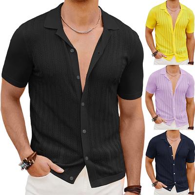 Letni Męski Sweter Rozpinany Dzianinowy Casualowy Jednokolorowy Krótki Rękaw Ażurowy Oddychający Zapinany na Guziki Kołnierzyk Koszula Biznesowa do Pracy S-3XL