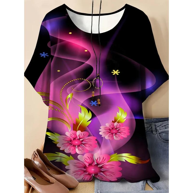Fashion Women's Crew Neck Short Sleeve 3D Casual Color Printing Casual Short Sleeve Crew Neck T-Shirt