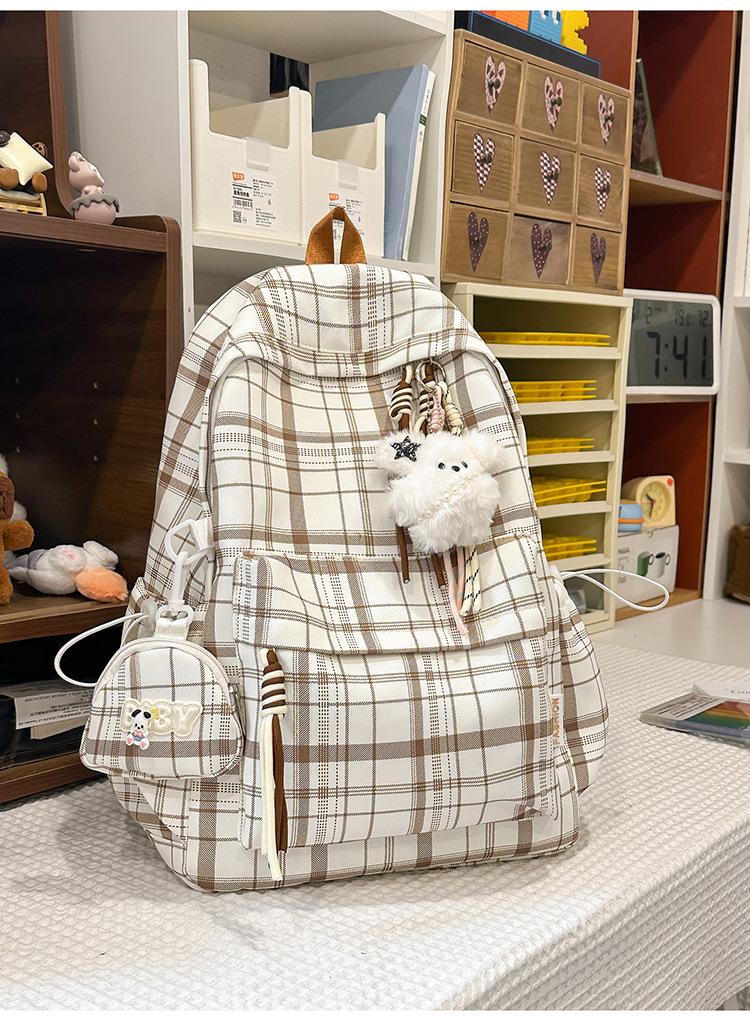 Schoolbag Soft Mist Milk Blues Healing Textured Plaid Middle School Backpack Women's Milk Huhu Sweet Soft Sister Travel Small Backpack