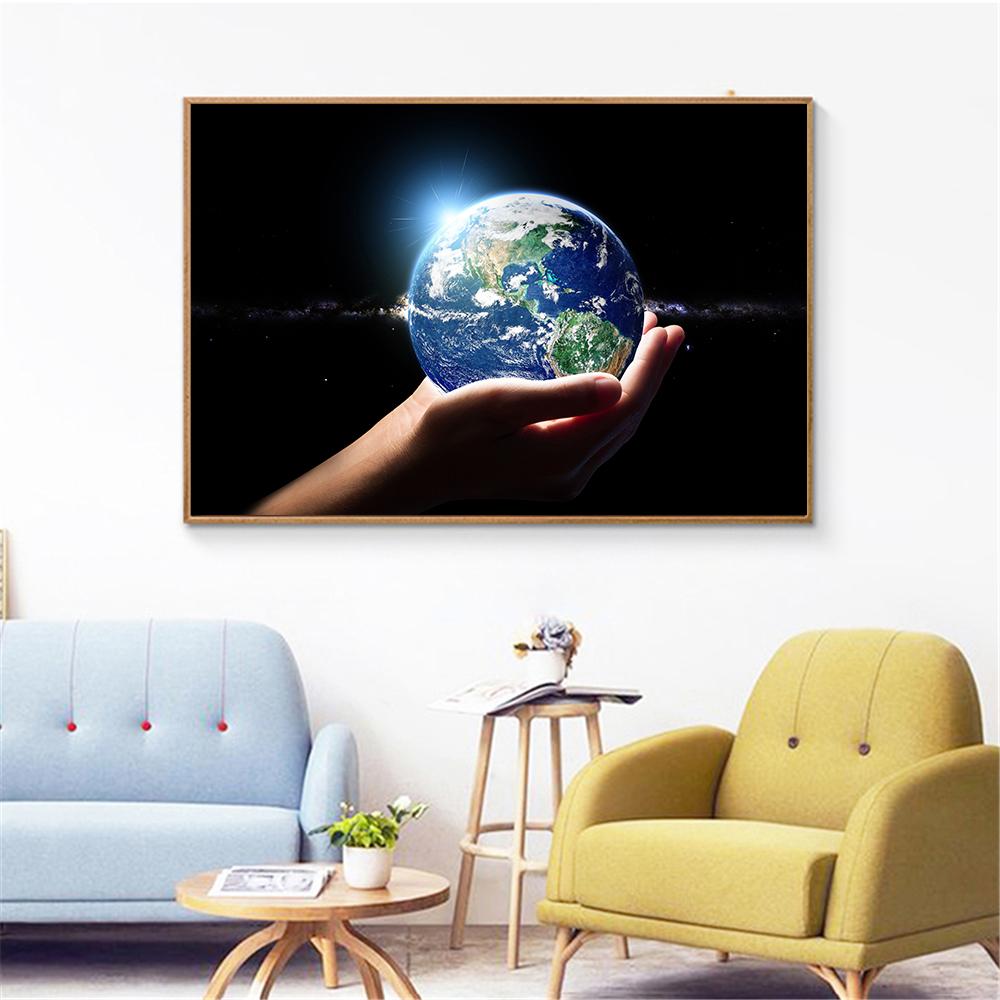 Modern Wall Art Space Stars Nebula Planets Hands Earth Globe Poster Canvas Painting for Living Room Home Decor Salon Maison Art