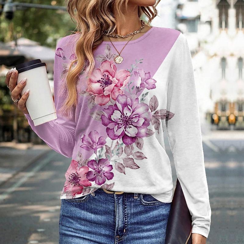 Plus Size Women Clothing Flower Pattern T-Shirts Spring Autumn Long Sleeve 3D Printing Floral Street Ladies Casual Tops
