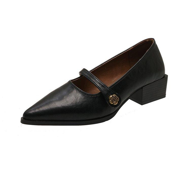 Soft leather version~ retro shallow mouth high heels women's camellia one-word buckle thick heel single shoes pointed temperament Mary Jane shoes