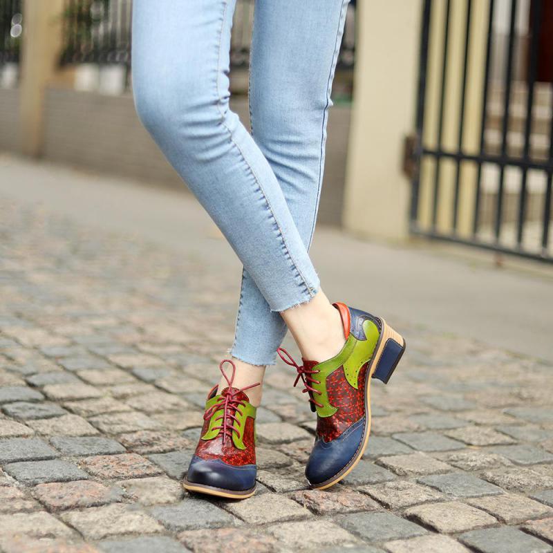 Johnature Pumps Women Shoes Spring Genuine Leather Round Toe Lace-up Mixed Colors Ethnic Casual Sewing Ladies Shoes