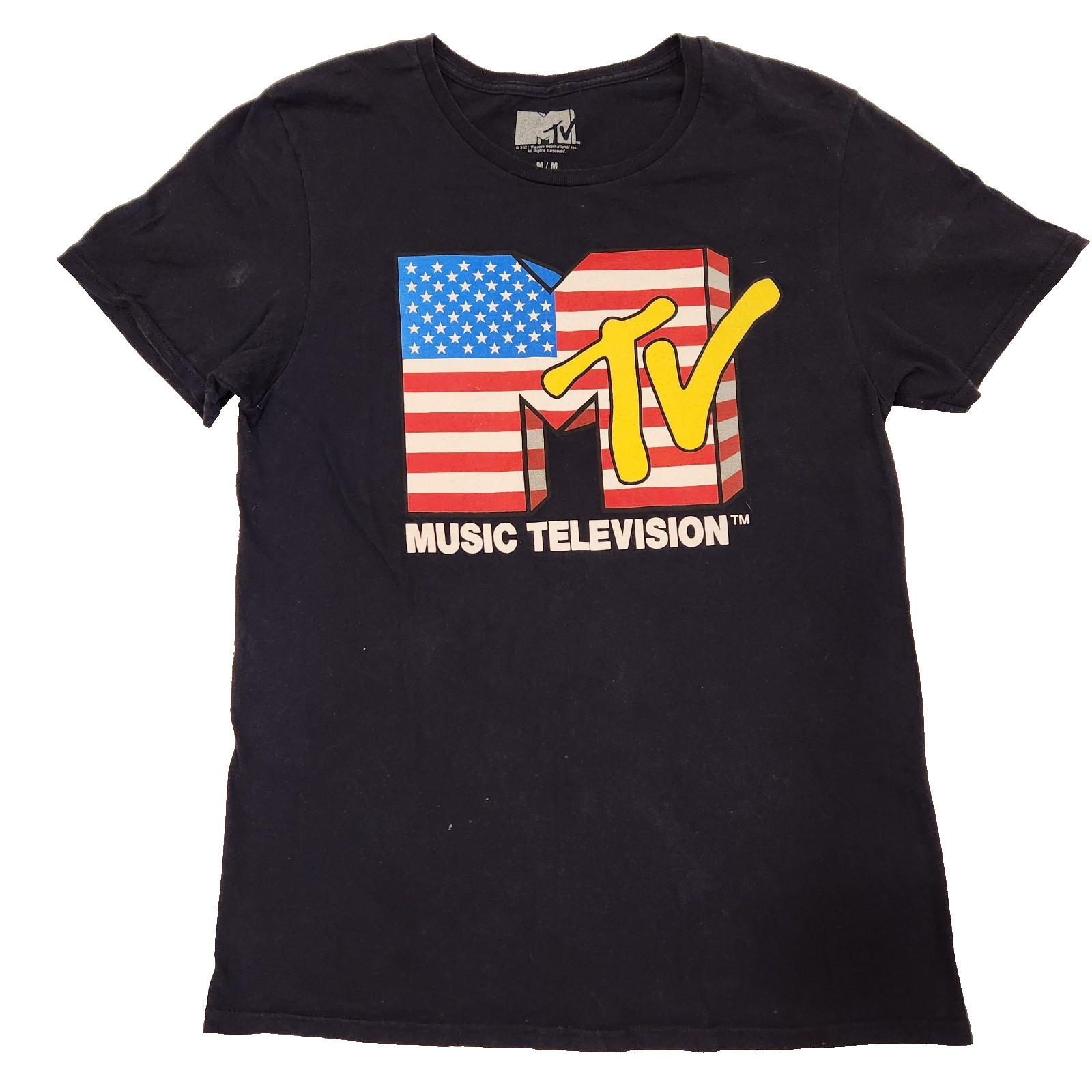MTV Music Television T-Shirt Adult Medium USA American Flag Print Tee Black Unisex T-Shirt L