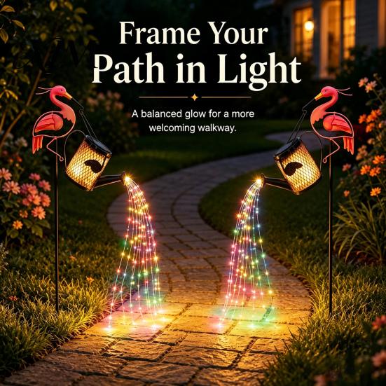 Garden Decorations for Home Solar Flamingo Watering Can Light, Powered LED Waterproof Eco Friendly Decor Pathway Light with Stake Patio Lawn