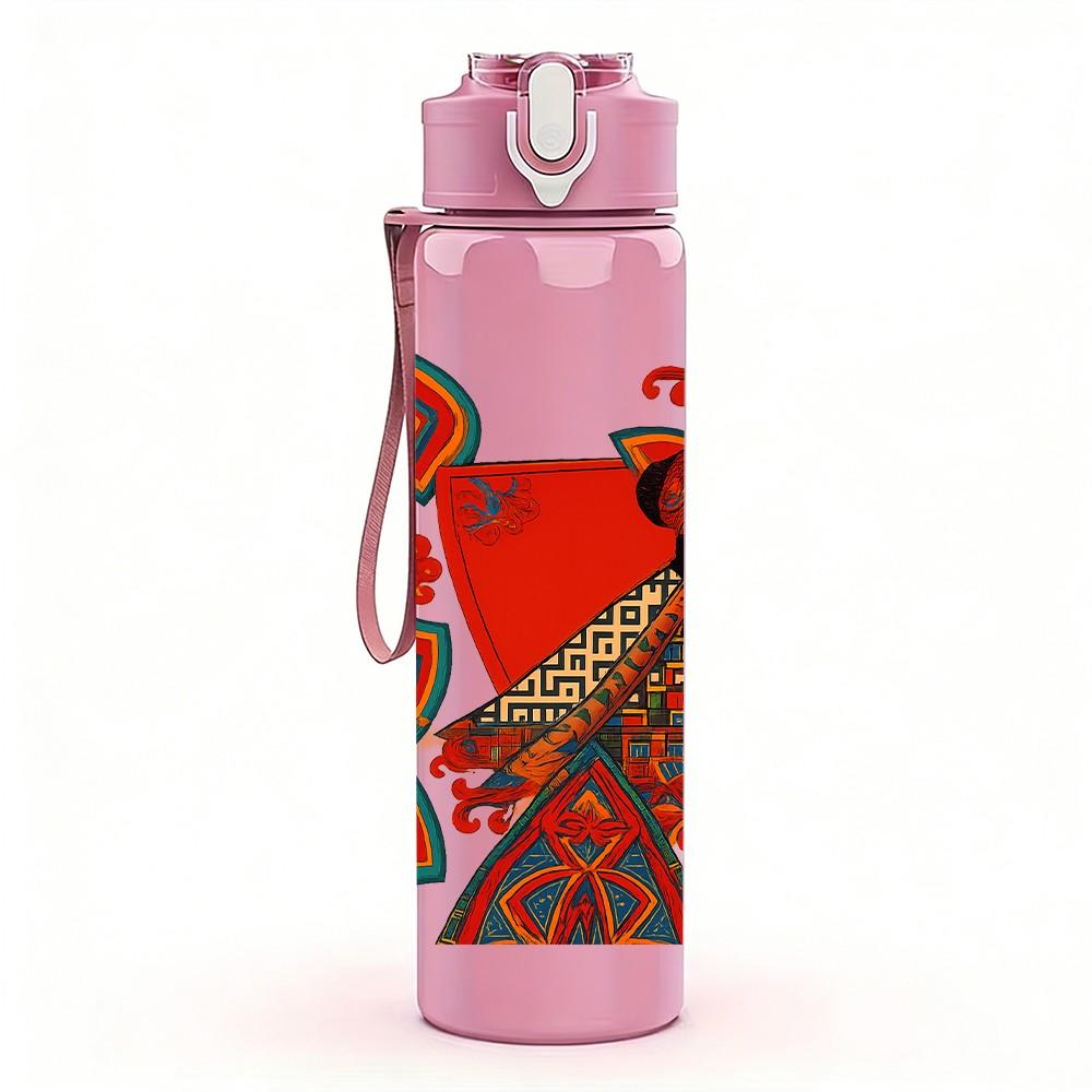 1PC Folk Style Bird Floral Frame 750ml Color Plastic Sports Water Bottle Leakproof Flip Straw Lid For Sports Office Home Use