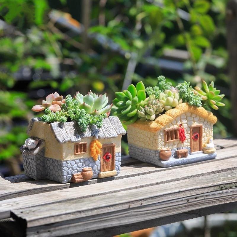 Vintage Rustikaler Harz-Blumentopf Haus für Sukkulente Pflanzen, Mini-Gartendekor im Landhausstil