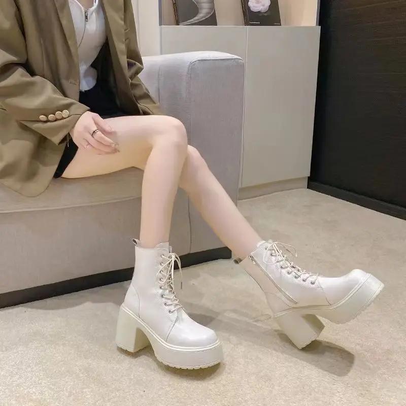 Fashion Ankle Boots for Women Non Slip Leather Combat Chunky Heel Booties Fashion 2025 Large Size Warm New Rock Hot In Woman Short Shoes