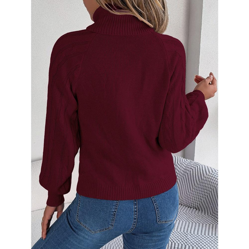 Autumn/Winter Casual Solid-Colour Buttoned Cable-Knit Turtleneck Bell-Sleeve Pullover for Women