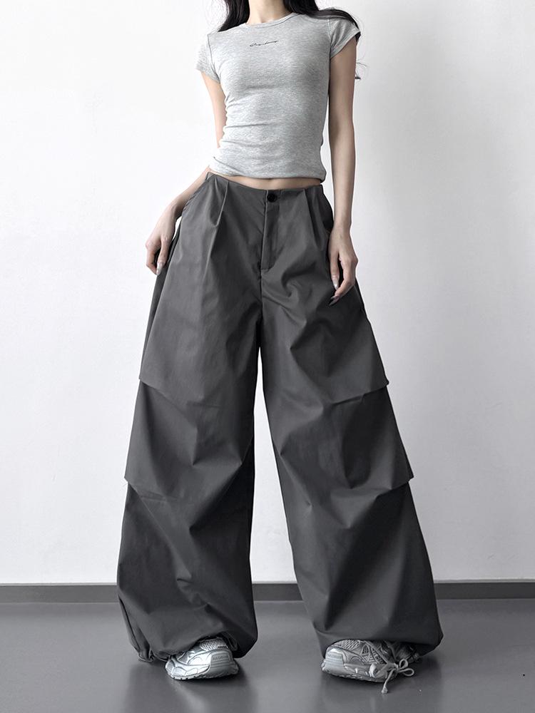 2026 Women's Gray High-Waisted Wide-Leg Parachute Pants: Slimming, Casual, Loose Fit, Straight Leg